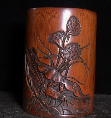 旧藏老竹雕手工雕刻笔筒八方来财文房摆件，高...