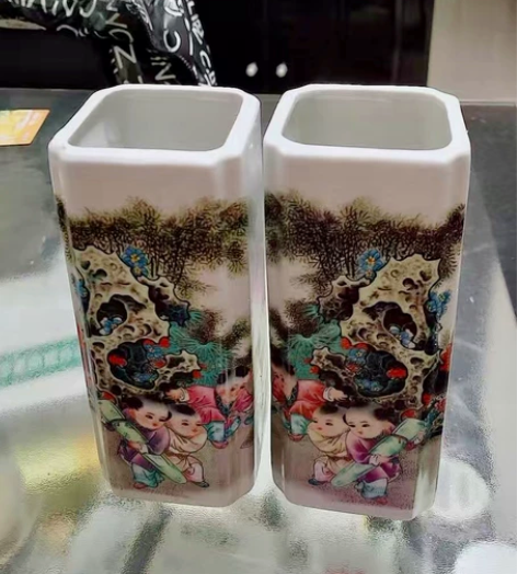 大清光绪年制粉彩人物童子图四方笔筒文玩老货...