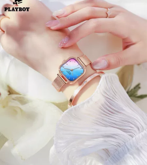 花花公子品牌手表新款欧美时尚简约轻奢彩色方...