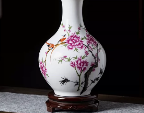 【处理】景德镇陶瓷仿古瓷器水点桃花赏瓶中式...
