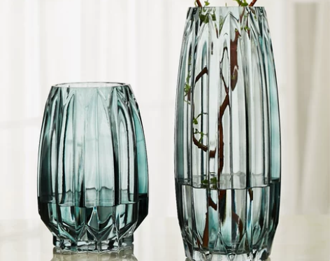 简约竖棱玻璃花瓶创意彩色透明百合花器客厅大...