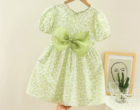 拉夏贝尔童装女童小清新绿色蝴蝶结连衣裙儿童...