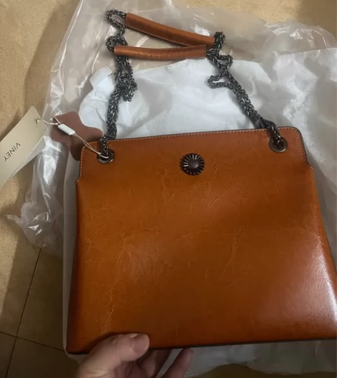 Viney油蜡真皮牛皮棕色包包，面料好，可...