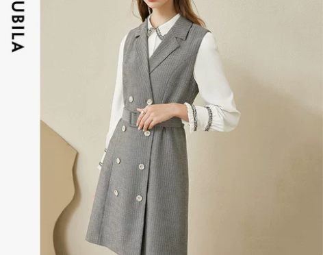 尚都比拉气质西装裙双排扣无袖高端法式连衣裙...