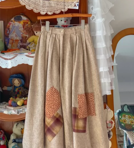 vintage日产古着森系拼布复古少女半身...