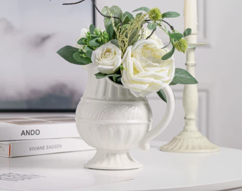 创意复古浮雕巴洛克水壶奶白色陶瓷小号花瓶欧...