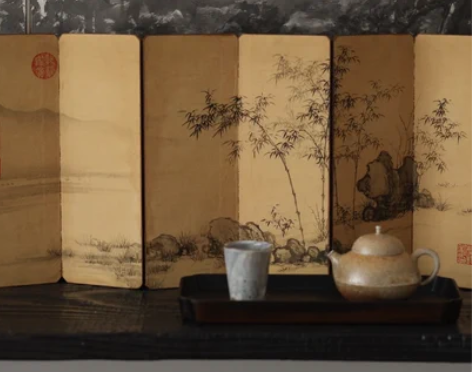 画屏艺术中式国画装饰品小屏风茶室会所文玩桌...