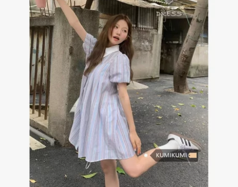 学院风裙子撞色Polo领条纹连衣裙衬衫裙女...