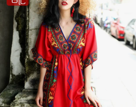 民族风沙滩裙女三亚海边度假波西米亚长裙大码...