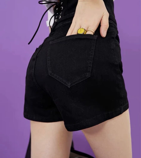 妖精的口袋黑色高腰修身牛仔短裤女团显瘦裤子...