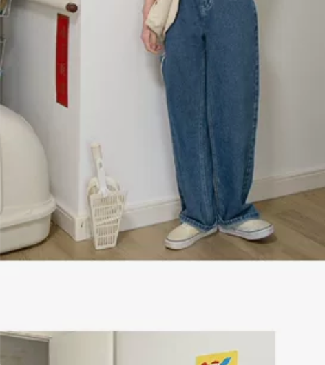 奶兔星球-自制 复古小红标破洞牛仔裤女宽松...