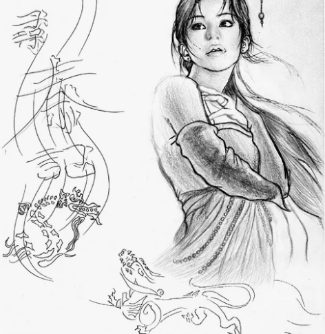 油画，素描画，高中时画的，用圆珠笔加铅笔画...