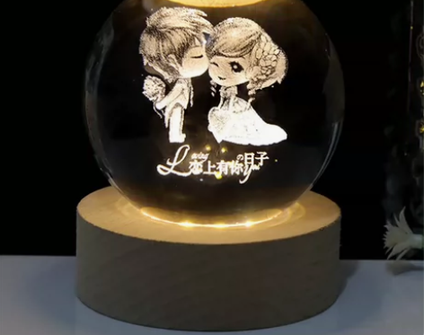 创意发光水晶小夜灯内雕玻璃球一鹿相伴星球桌...
