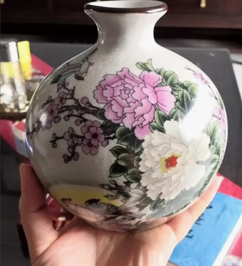 清乾粉彩富贵牡丹苹果樽古玩收藏仿古瓷器家居...