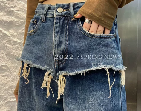 大码假两件毛边牛仔裤女2022新款春遮胯显...