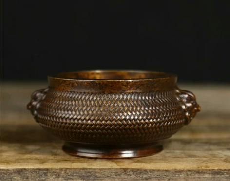 精工黄铜香炉狮头炉铜精品竹编造型复古香炉铜...