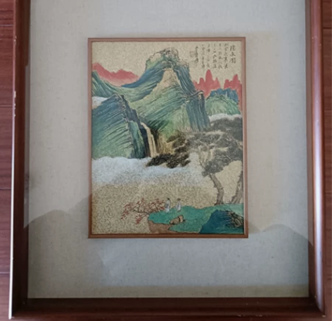 张大千 听泉图（带框），洒金纸手绘。 高档...