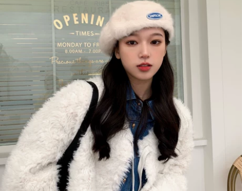 韩国兔毛贝雷帽女百搭休闲纯色贴标画家帽子女...