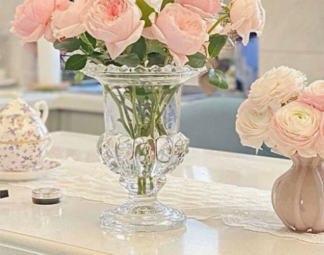 法式复古翻边玻璃花瓶桌面装饰摆件家居高脚插...