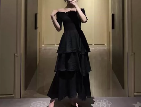 chic温柔仙女一字肩雪纺蛋糕裙 夏季连衣...