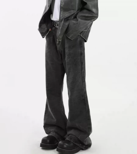 美式复古小众水洗黑色微喇牛仔裤男高街显瘦阔...