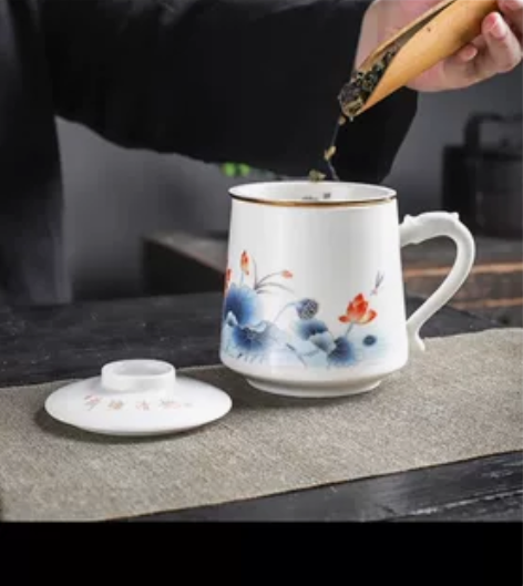 羊脂玉办公杯带盖茶水分离三件套陶瓷马克杯家...