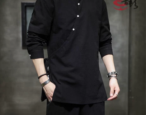 春秋男中式长袖衬衫立领唐装工作服汉服茶人服...