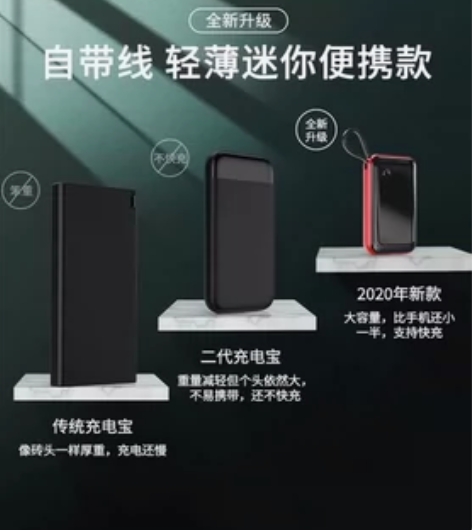 倍思小方充电宝10000毫安自带线超薄小巧...