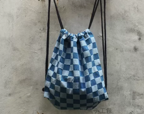 抽绳双肩包牛仔束口背包户外轻便健身男女学生...