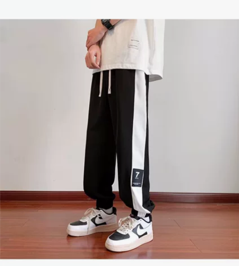 休闲裤男夏季薄款潮流百搭拼接冰丝卫裤宽松学...