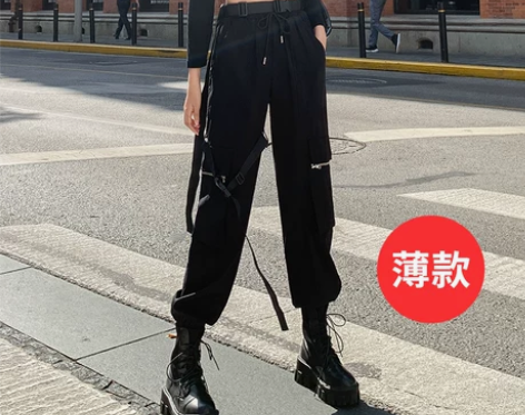 工装裤女显瘦高腰秋季帅气黑色束脚直筒宽松休...