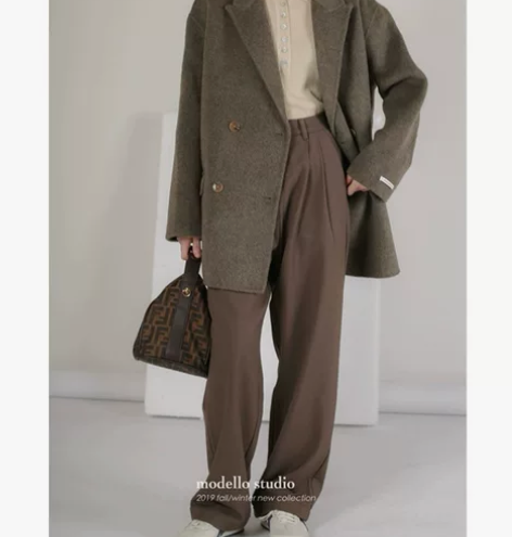 ?modello高腰阔腿裤女秋冬垂感西装裤...