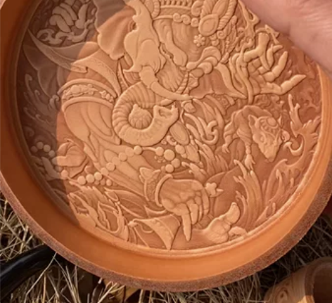 大号皮雕浮雕圆形牛皮托盘饰品醒草盘文玩首饰...