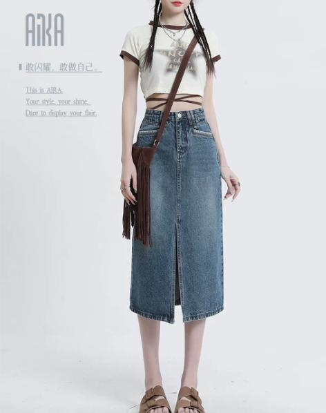 ?牛仔裙女春季新款a字裙小个子遮胯中长高腰...