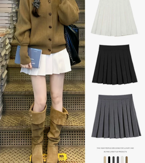 白色百褶裙女短裙春秋冬2023新款高腰显瘦...