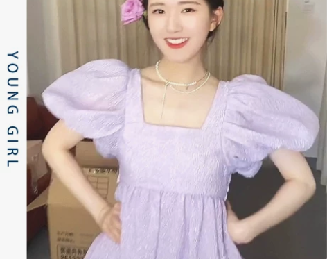 赵露思同款方领泡泡袖连衣裙女夏中长款超仙甜...