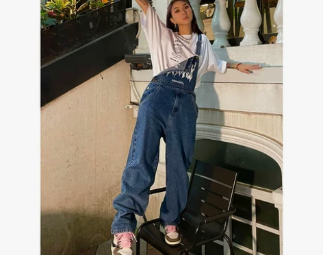 野生zero牛仔背带裤女秋冬高腰直筒宽松阔...