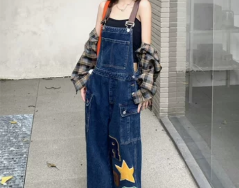 美式高街牛仔背带裤女春秋2024新款复古潮...