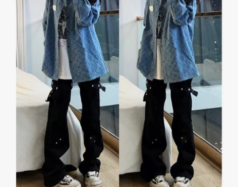 美式高街vibe风微喇叭牛仔裤男女2023...