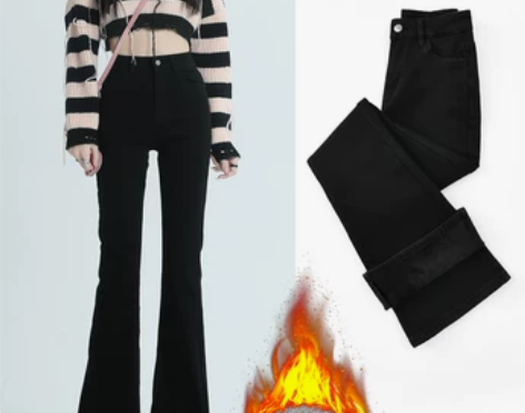 黑色微喇牛仔裤女2023新款秋冬加绒小个子...