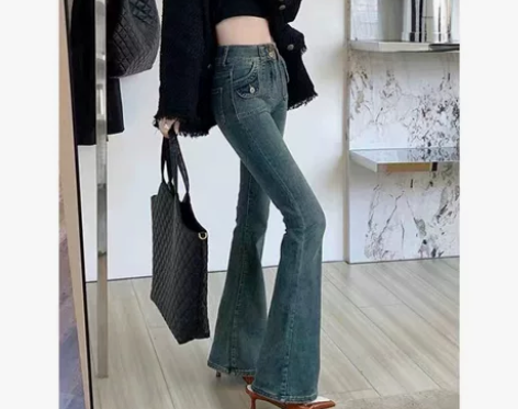 复古做旧水洗高腰微喇牛仔裤女设计感弹力紧身...