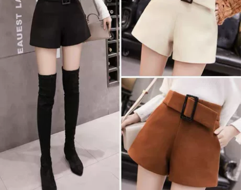 毛呢短裤女秋冬款高腰显瘦外穿a字阔腿靴裤 ...