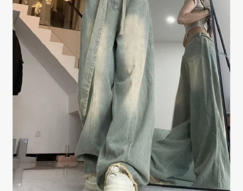 美式复古阔腿牛仔裤女宽松垂感高腰拖地裤毛边...