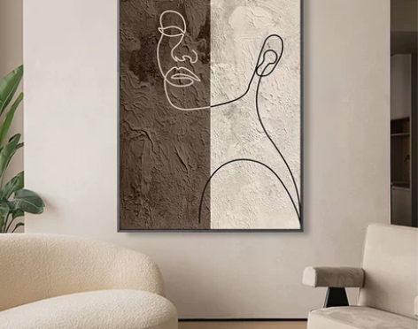 现代肌理感客厅装饰画侘寂风沙发落地画黑白线...