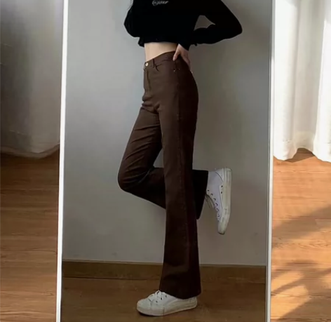 棕色喇叭裤女辣妹微弹大码修身显瘦牛仔裤胖mm复古高腰长裤春秋... 棕色喇叭裤女辣妹微弹大码修身显瘦牛仔裤胖mm复古高腰长裤春秋...