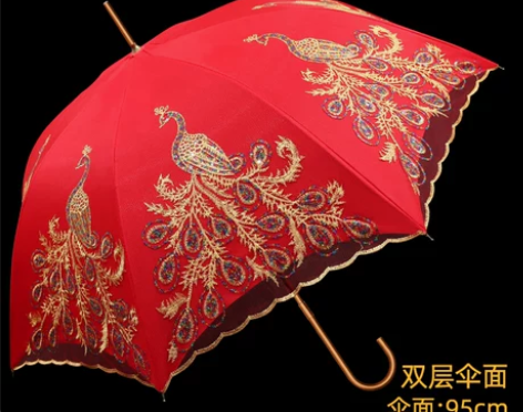 红伞婚庆结婚出嫁伞蕾丝花边刺绣中式婚礼长柄...
