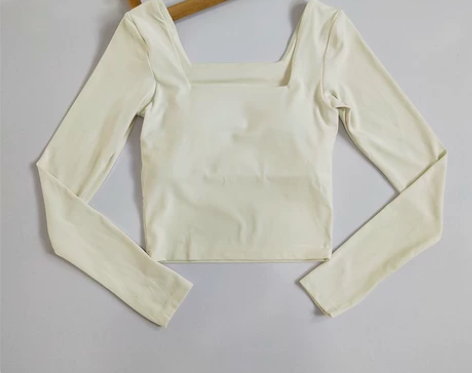 法式方领固定杯瑜伽服长袖女显瘦运动上衣普拉...