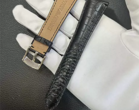 阿玛尼手表带真皮男鳄鱼纹牛皮表链黑原装AR...