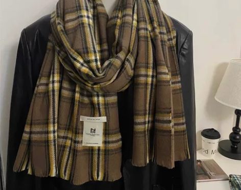 韩版格子围巾女冬季百搭格纹毛须软糯长款两用...