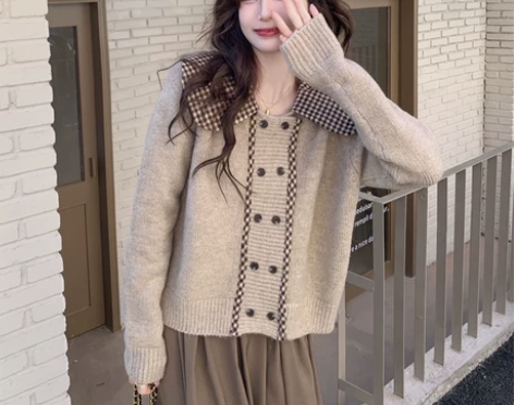 娃娃领毛衣外套女秋冬洋气减龄双排扣长袖针织...